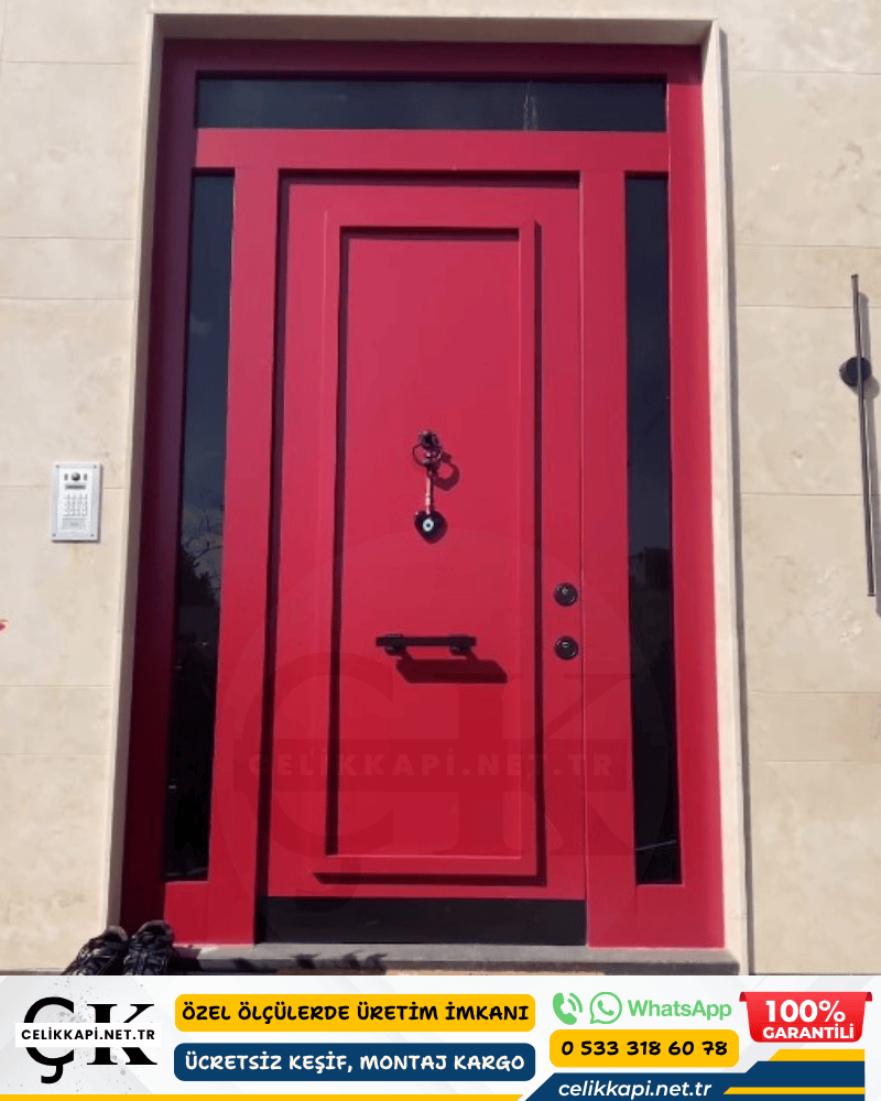Cam Bölmeli Kırmızı Kompozit Villa Kapısı